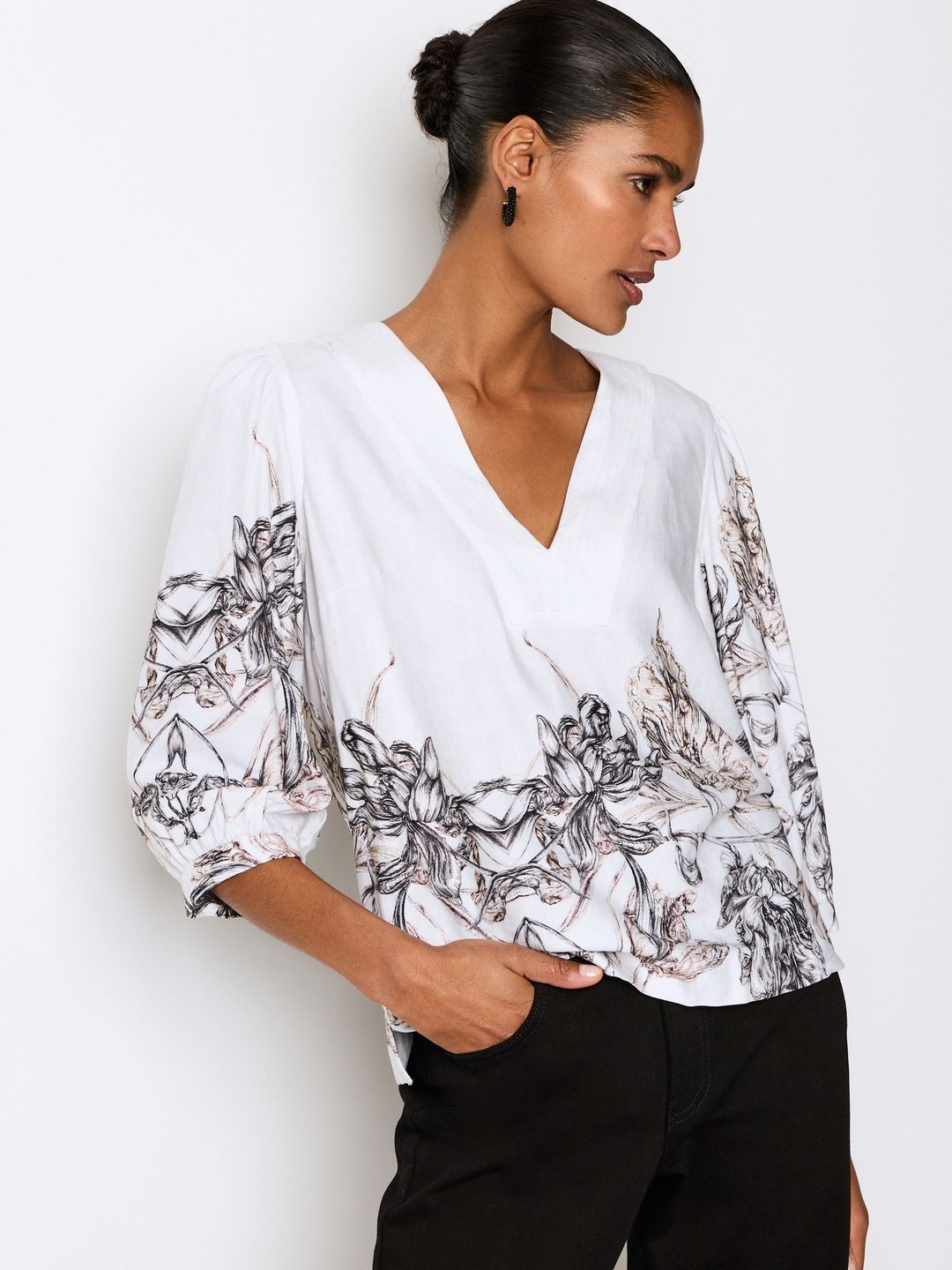 

NEXT Floral Printed V-Neck Puff Sleeves Top, White