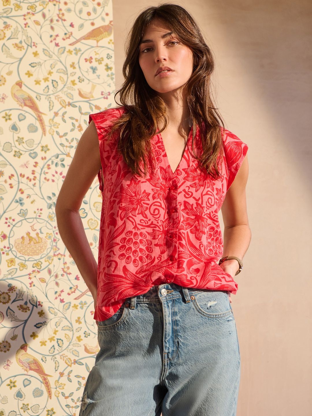

NEXT Floral Print Mandarin Collar Raglan Sleeves Gathers Shirt Style Top, Red