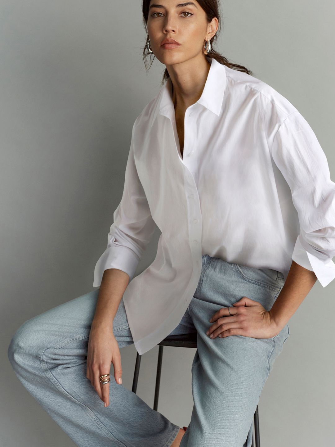 NEXT Drop-Shoulder Sleeves Longline Pure Cotton Casual Shirt, White