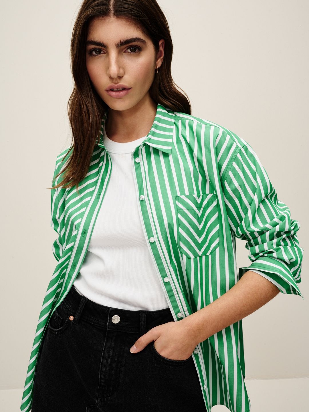 NEXT Striped Drop-Shoulder Sleeves Longline Pure Cotton Casual Shirt, Green