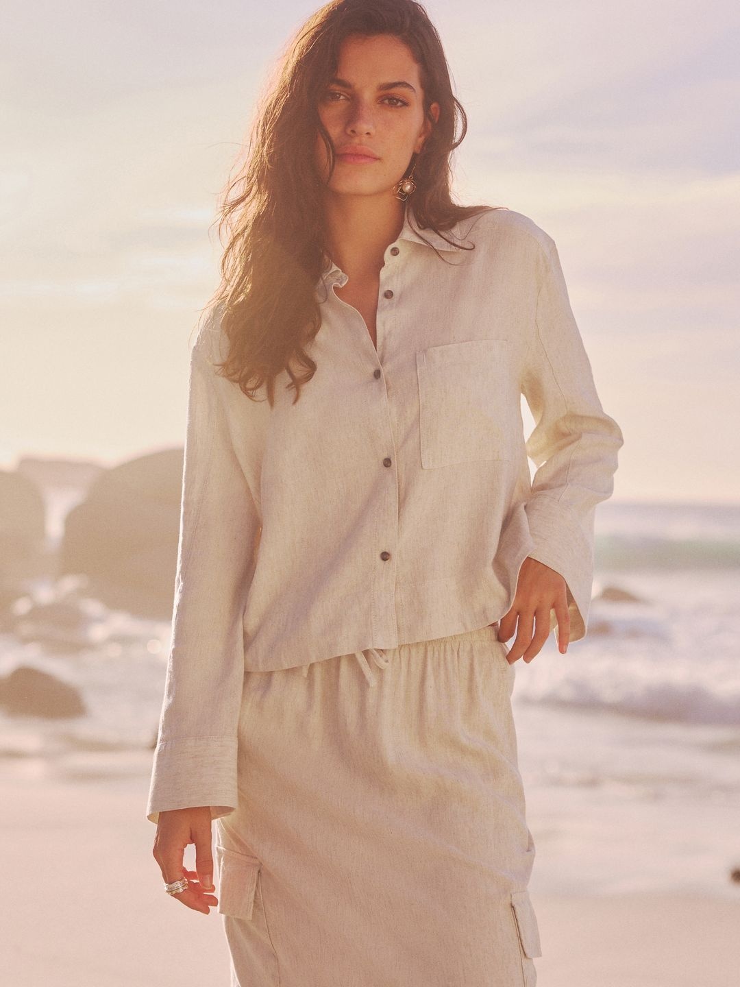 

NEXT Solid Drop-Shoulder Sleeves Casual Shirt, Beige