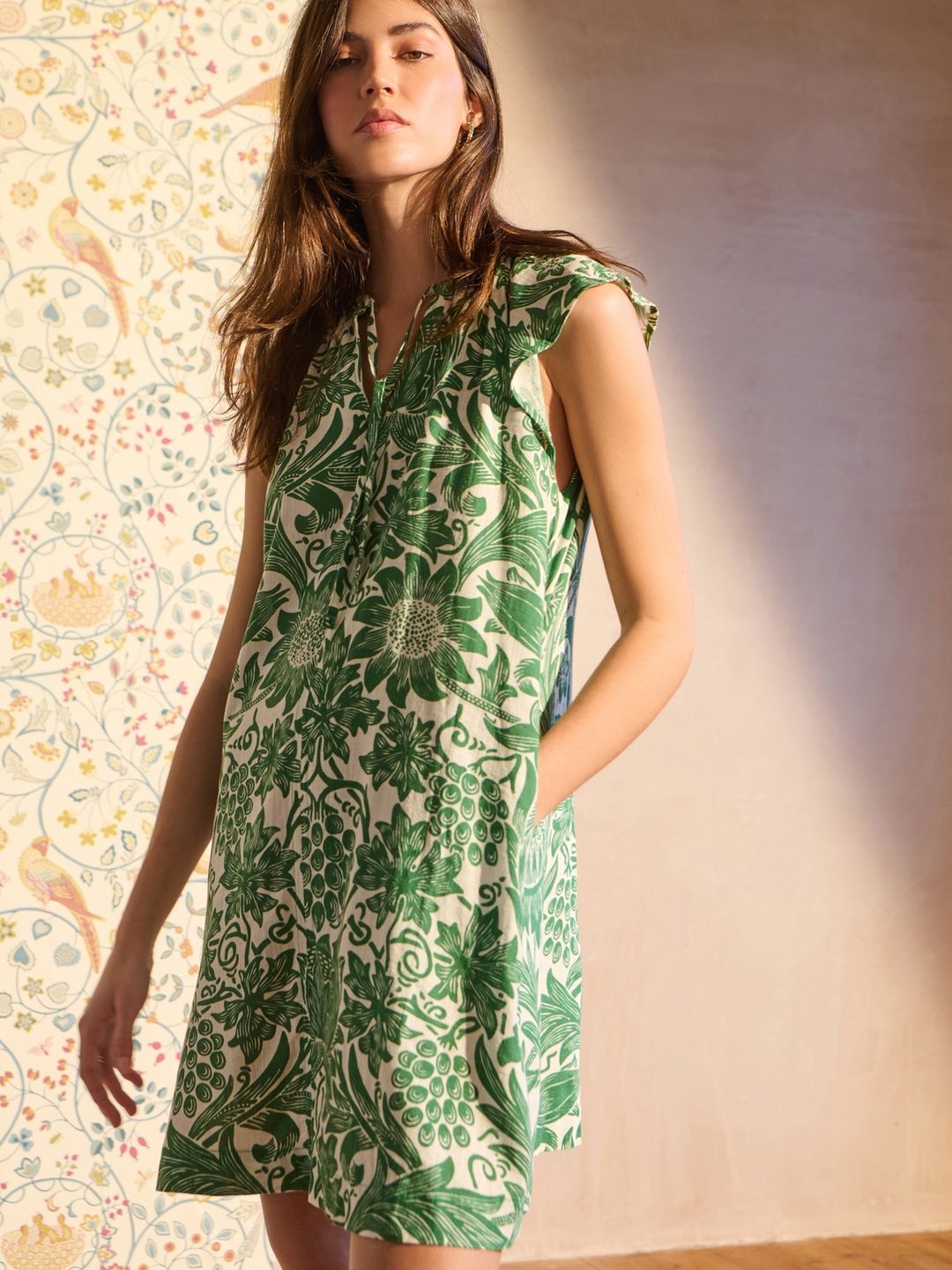 NEXT Floral Print Tie-Up Neck A-Line Mini Dress, Green