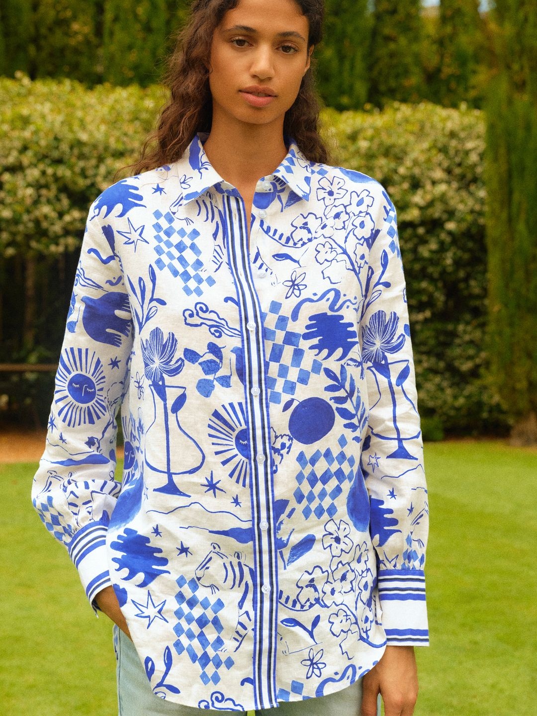 

NEXT Pure Linen Floral Printed Drop-Shoulder Sleeves Pure Linen Casual Shirt, White