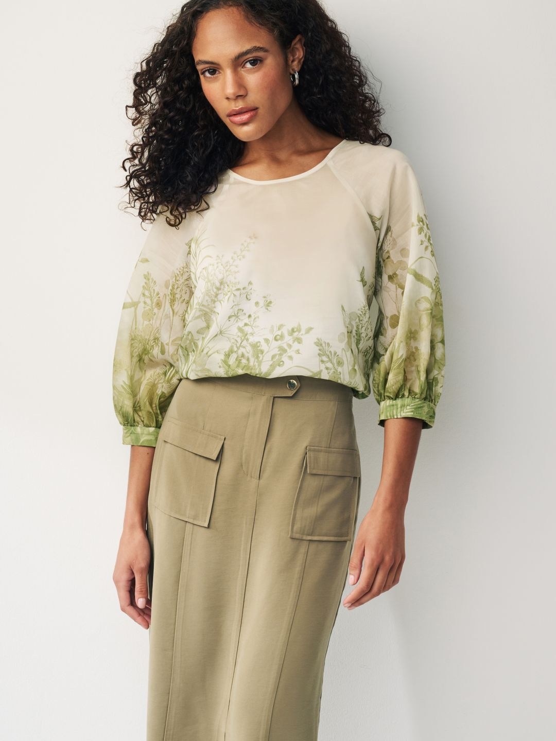 

NEXT Floral Printed Puff Sleeve Top, Off white