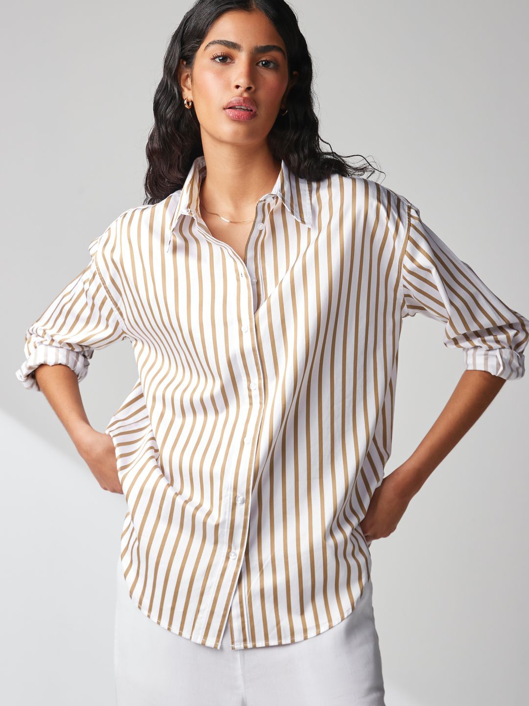 NEXT Relaxed Fit Vertical Stripes Drop-Shoulder Sleeves Longline Pure Cotton Casual Shirt, White