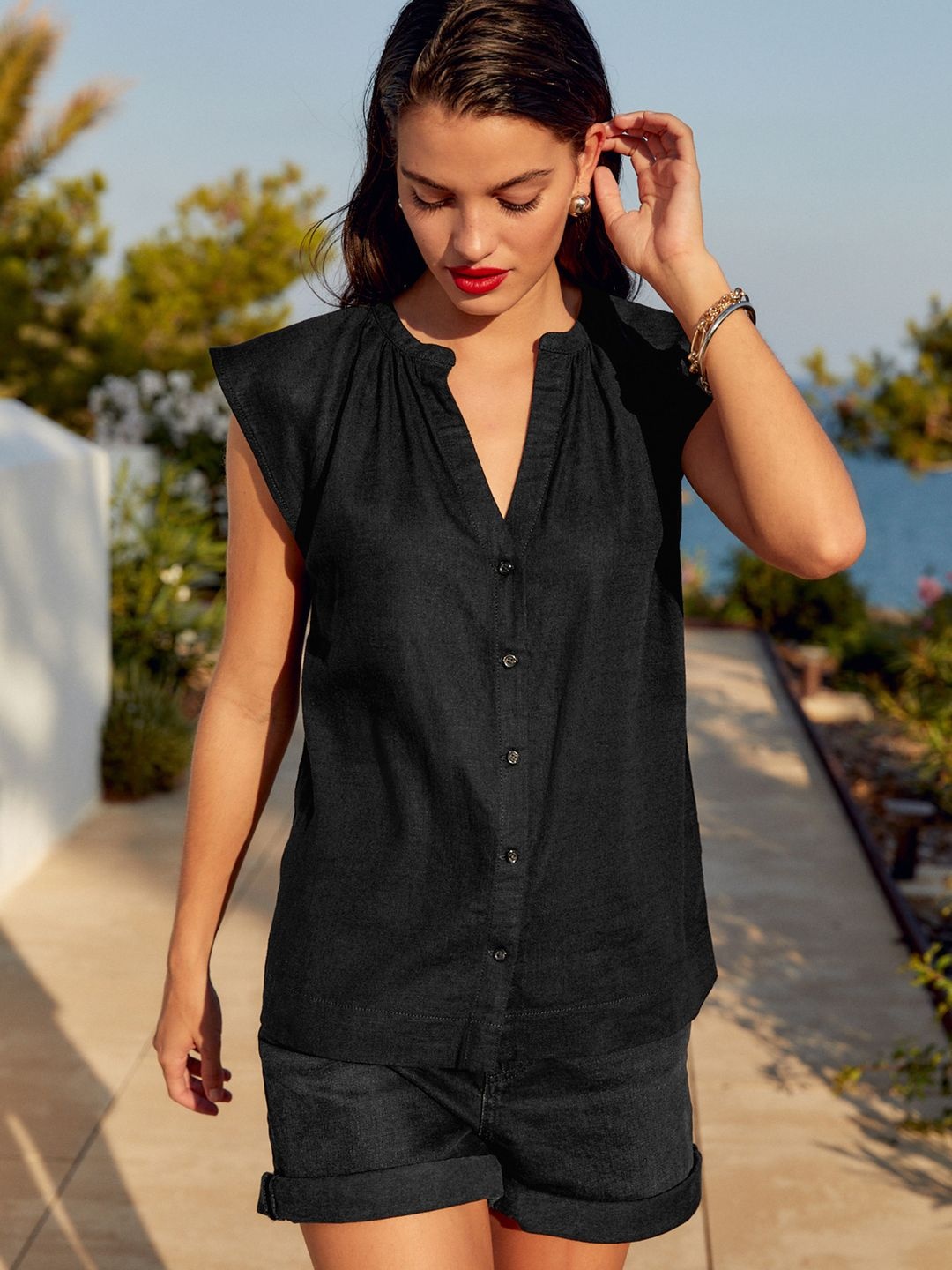 

NEXT V-Neck Extended Sleeves Shirt Style Top, Black
