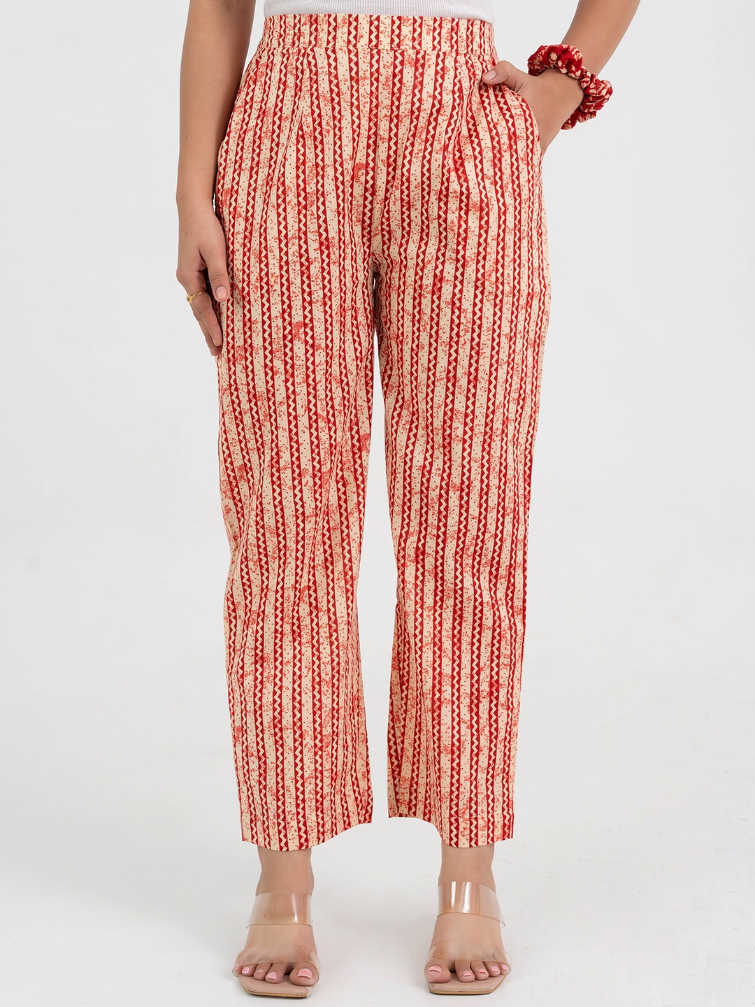 

GULABOSITABO Striped Pure Cotton Regular Fit Flat-Front Trousers, Red