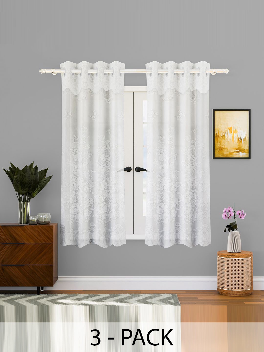 

Kuber Industries White 3 Pieces Self Design Cotton Window Curtains