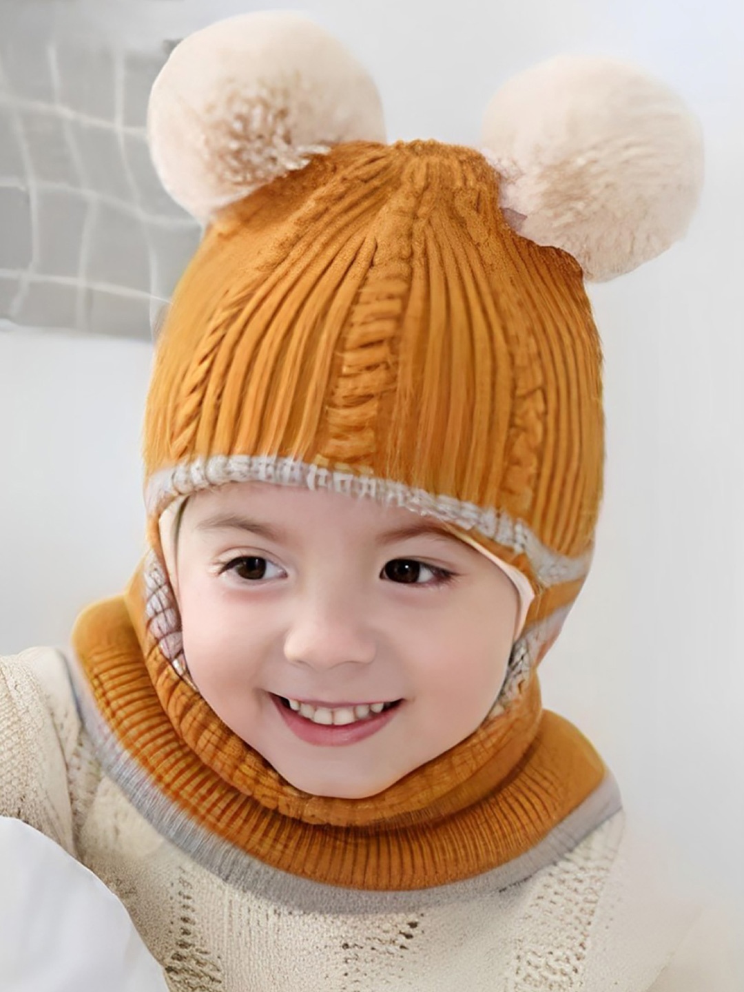 

SYGA Kids Winter Balaclava Wool Knit Pom Pom Beanie with Neck Warmer, Yellow