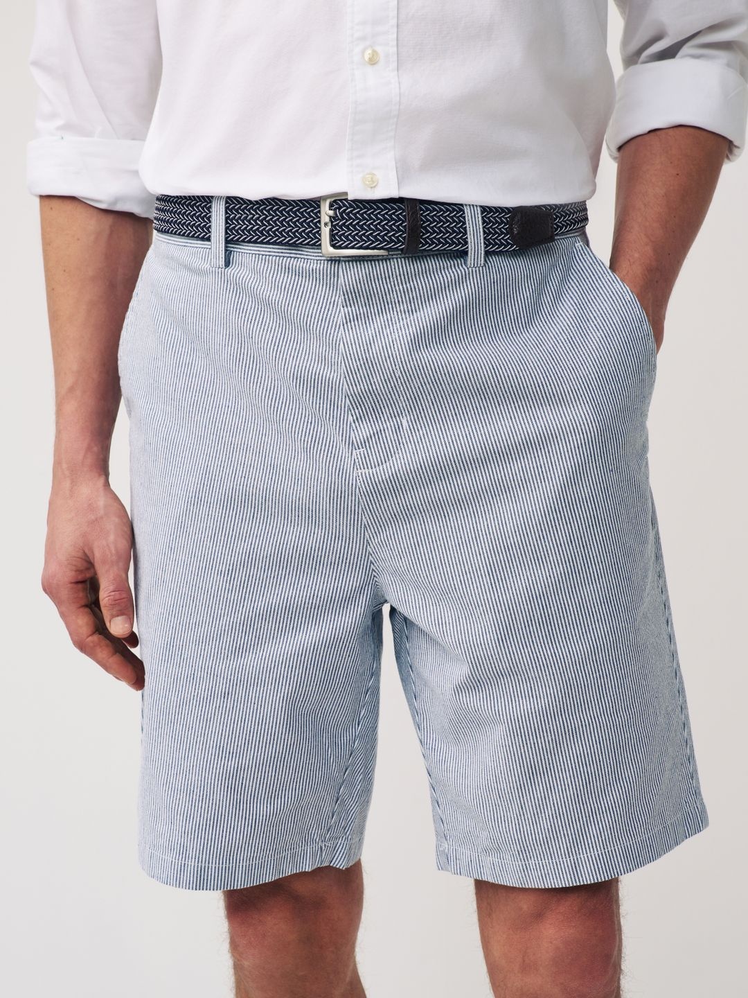 

NEXT Men Striped Pure Cotton Chino Shorts with Belt, Blue