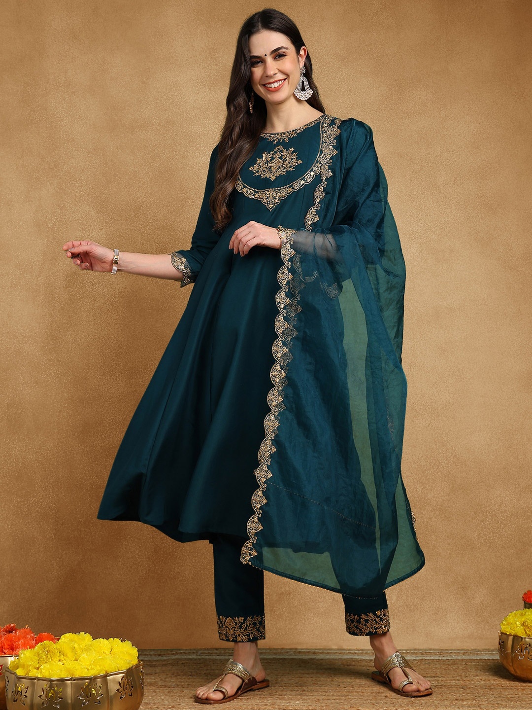 

AHIKA Floral Embroidered Empire Anarkali Kurta with Trousers & Dupatta, Teal