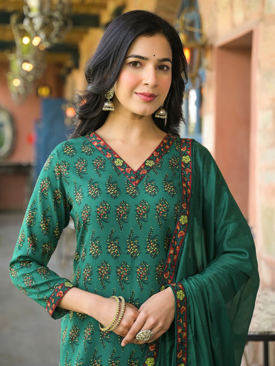 

KALINI Floral Printed Straight Kurta with Trousers & Dupatta, Green