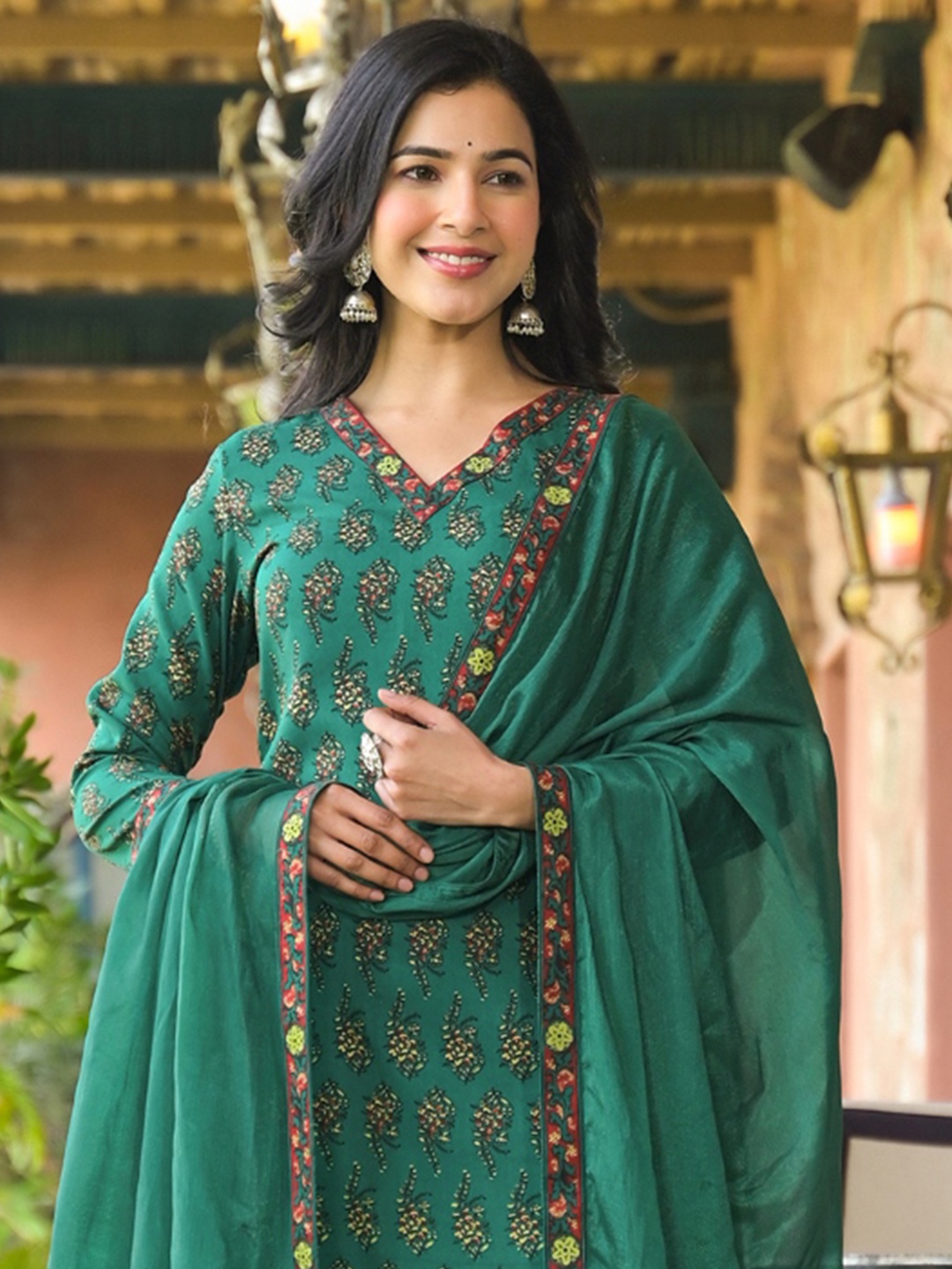 

KALINI Floral Printed Straight Kurta with Trousers & Dupatta, Green