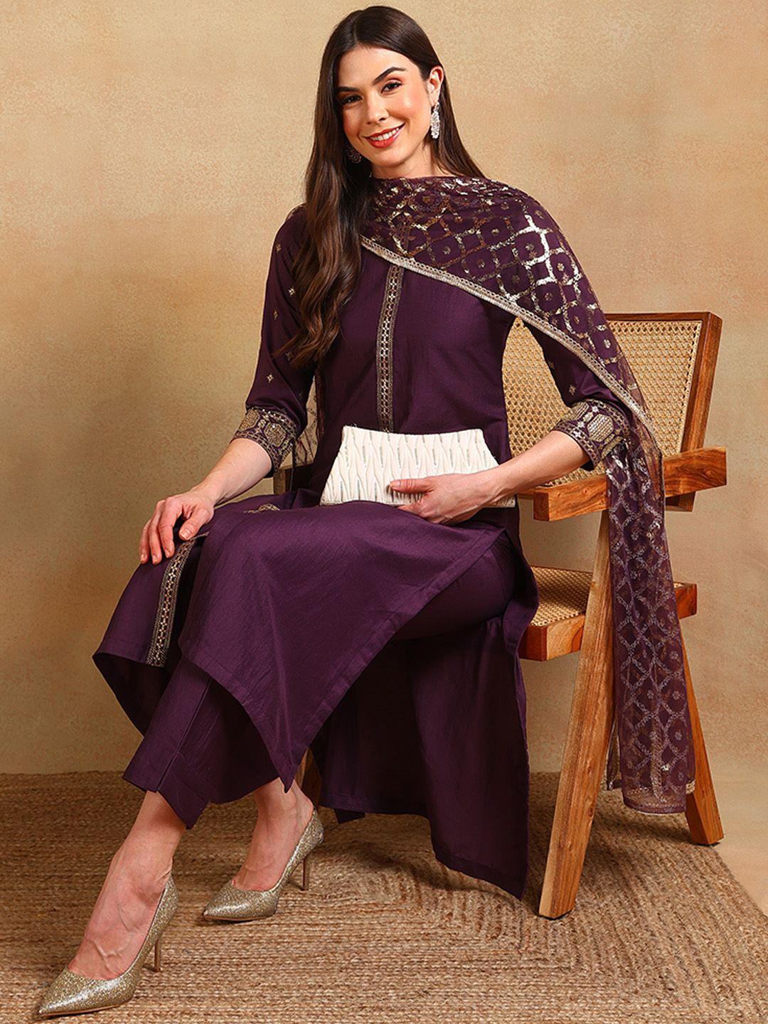 

KALINI Floral Embroidered Sequined Straight Kurta With Trousers & Dupatta, Purple