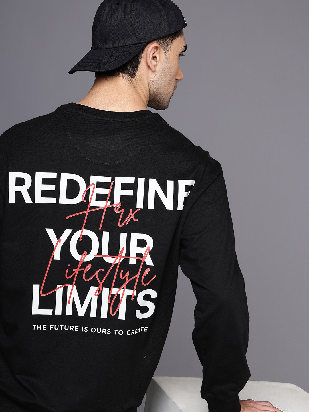 HRX by Hrithik Roshan Typography Printed Oversized Sweatshirt, Black
