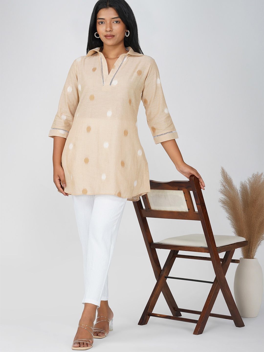 

Bindigasm Geometric Woven Design Shirt Collar Pure Cotton Tunic And Trousers, Cream