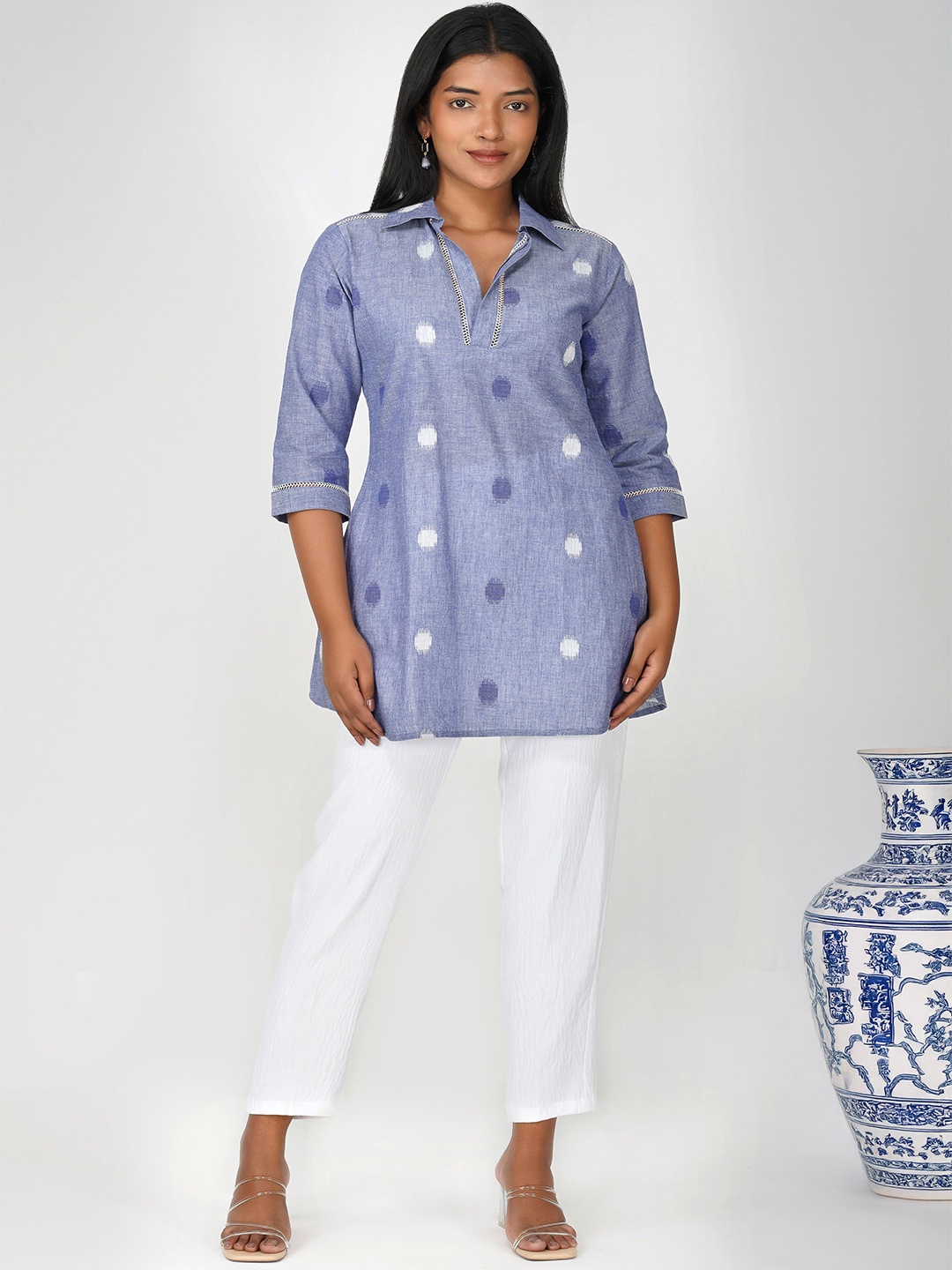

Bindigasm Printed Shirt Collar Pure Cotton Tunic With Trousers, Blue