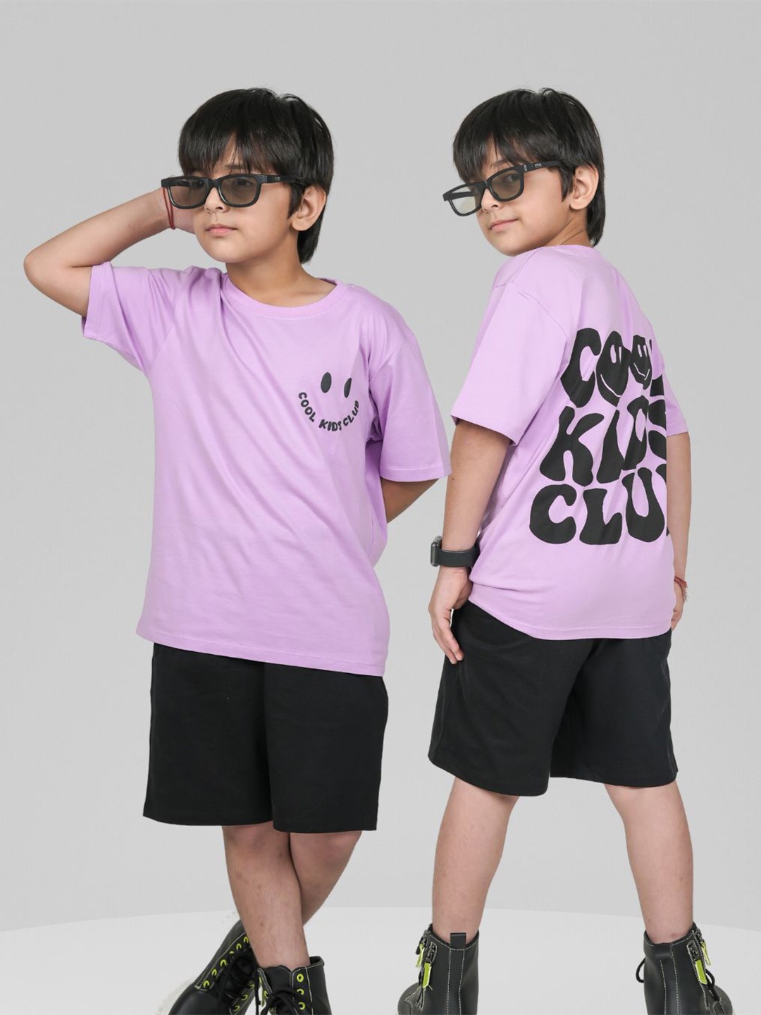 

BE AWARA Boys Printed Pure Cotton T-shirt With Short, Purple