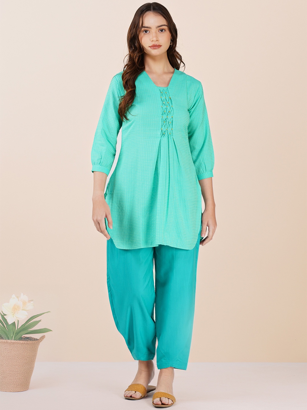 

Bindigasm Embellished V-Neck Pure Cotton Tunic & Palazzos, Sea green