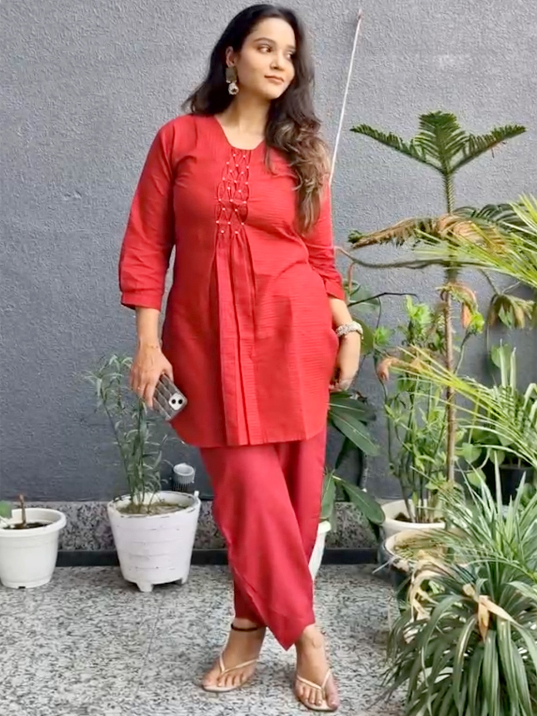 

Bindigasm Embellished V-Neck Pure Cotton Tunic & Palazzos, Red