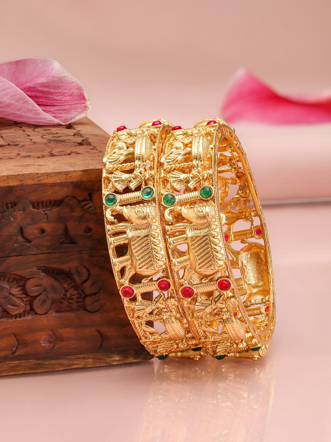 

Rubans Set of 2, 18K Gold-Plated Ruby Pink & Emerald Green Stone Studed Traditional Bangle