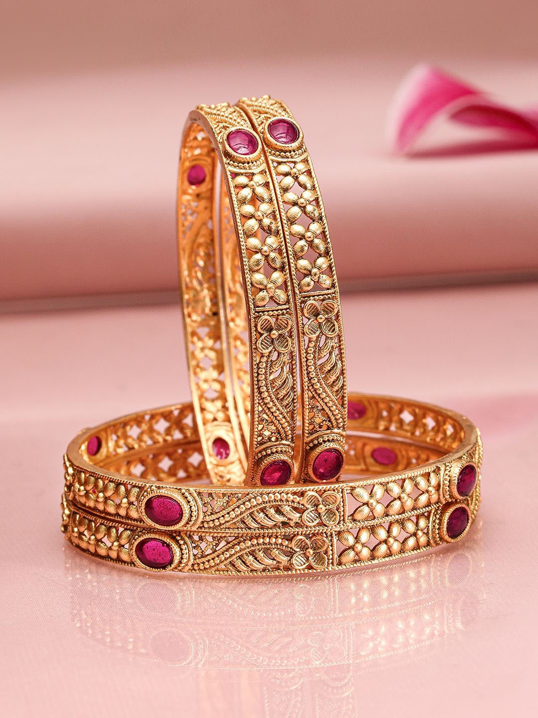 

Rubans Set of 4, 22K Gold-Plated Ruby Pink Stone & Traditional Motif Bangles