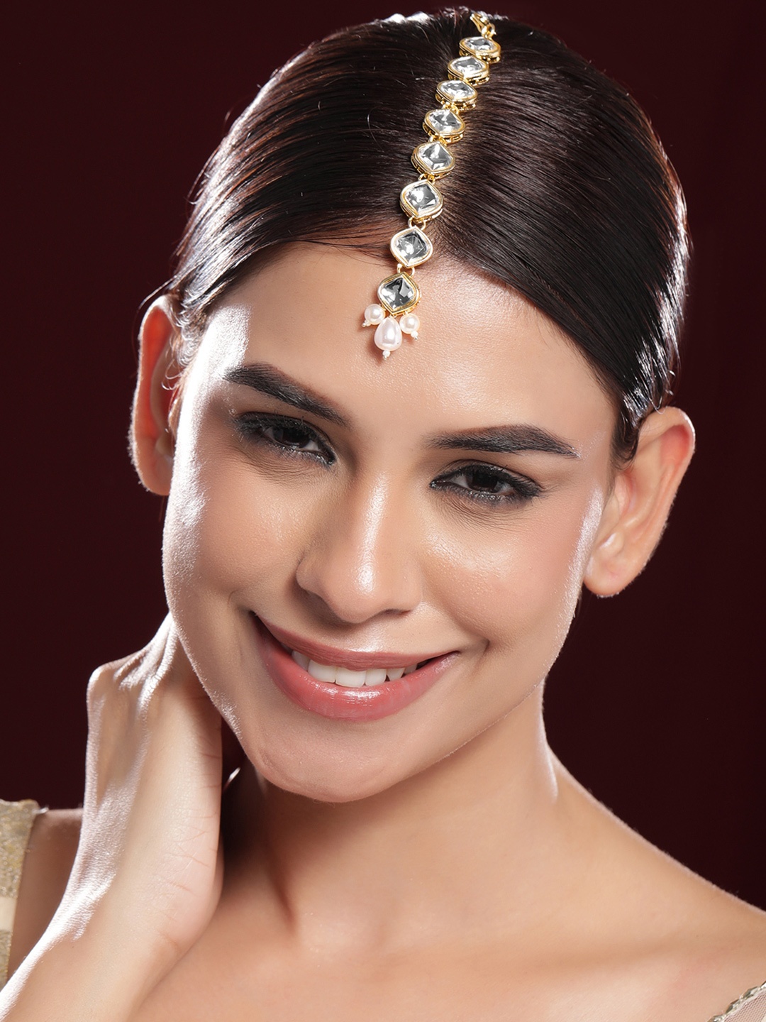 

Rubans 18K Gold-Plated White Kundan-Studded Maangtika with White Pearls