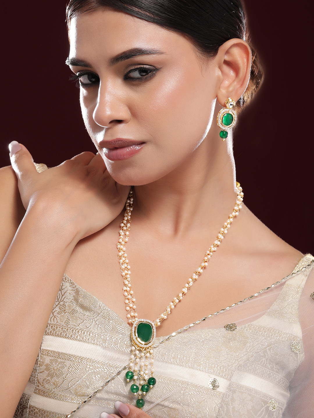 

Rubans 22K Gold-Plated Green Onyx & Pearl Beaded Layered Necklace Set with CZ Accents