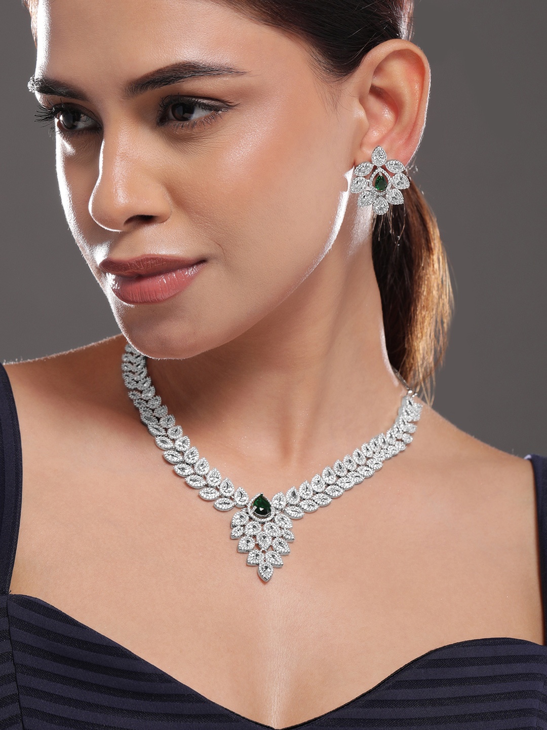 

Rubans Silver-Plated Emerald Green & White Cubic Zirconia Studded Premium Jewellery Set