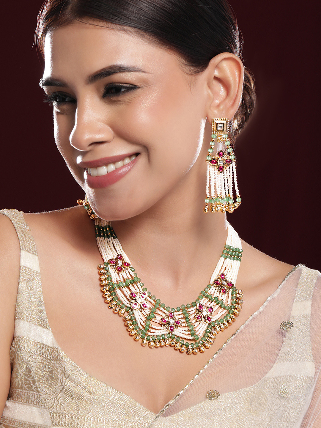 

Rubans 22K Gold-Plated Pearl & Green Beaded Necklace Set with Pink Stone Floral Motifs