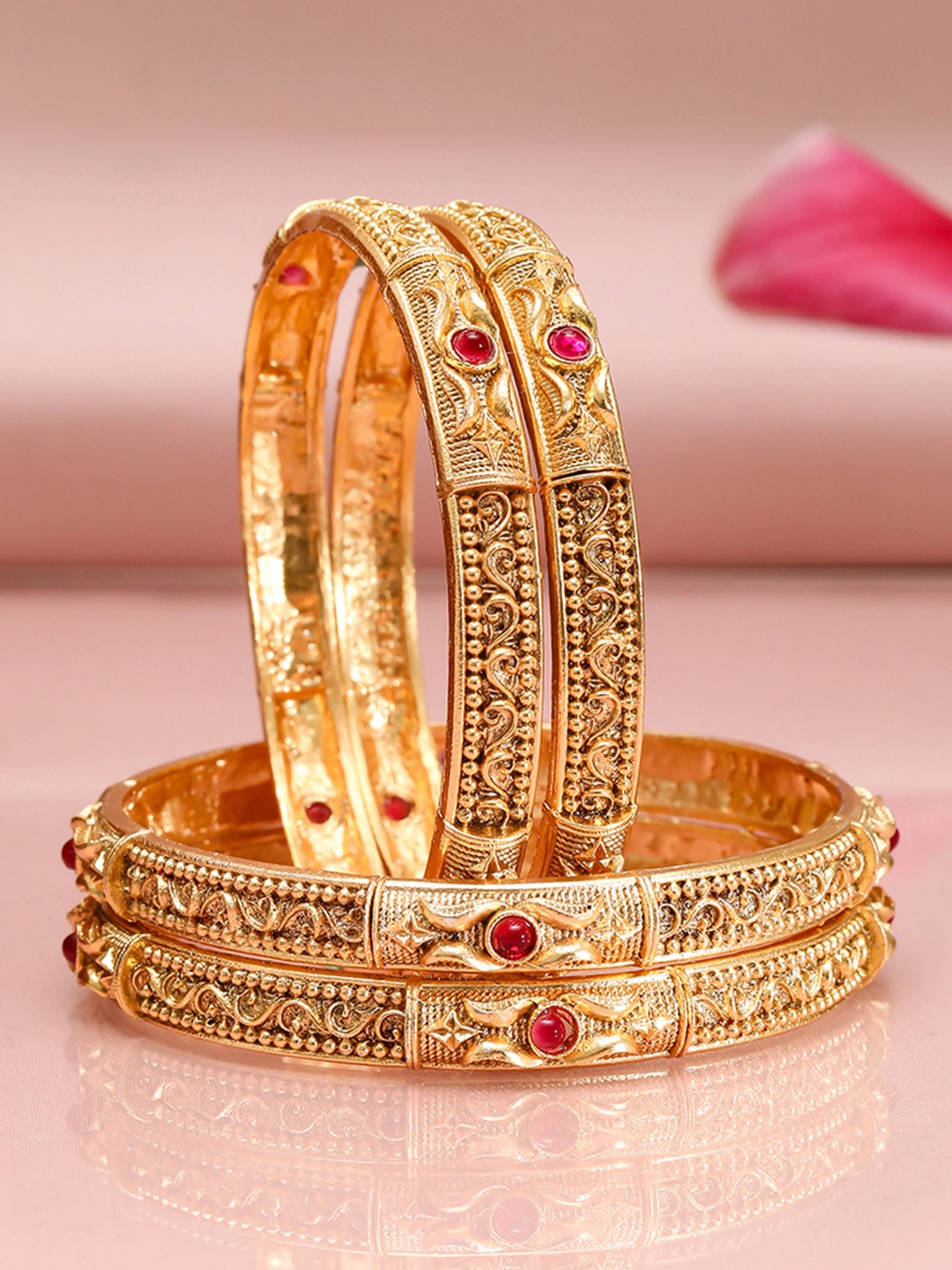 

Rubans Set of 4, 18K Gold-Plated Ruby Red Stone Studded Traditional Bangles