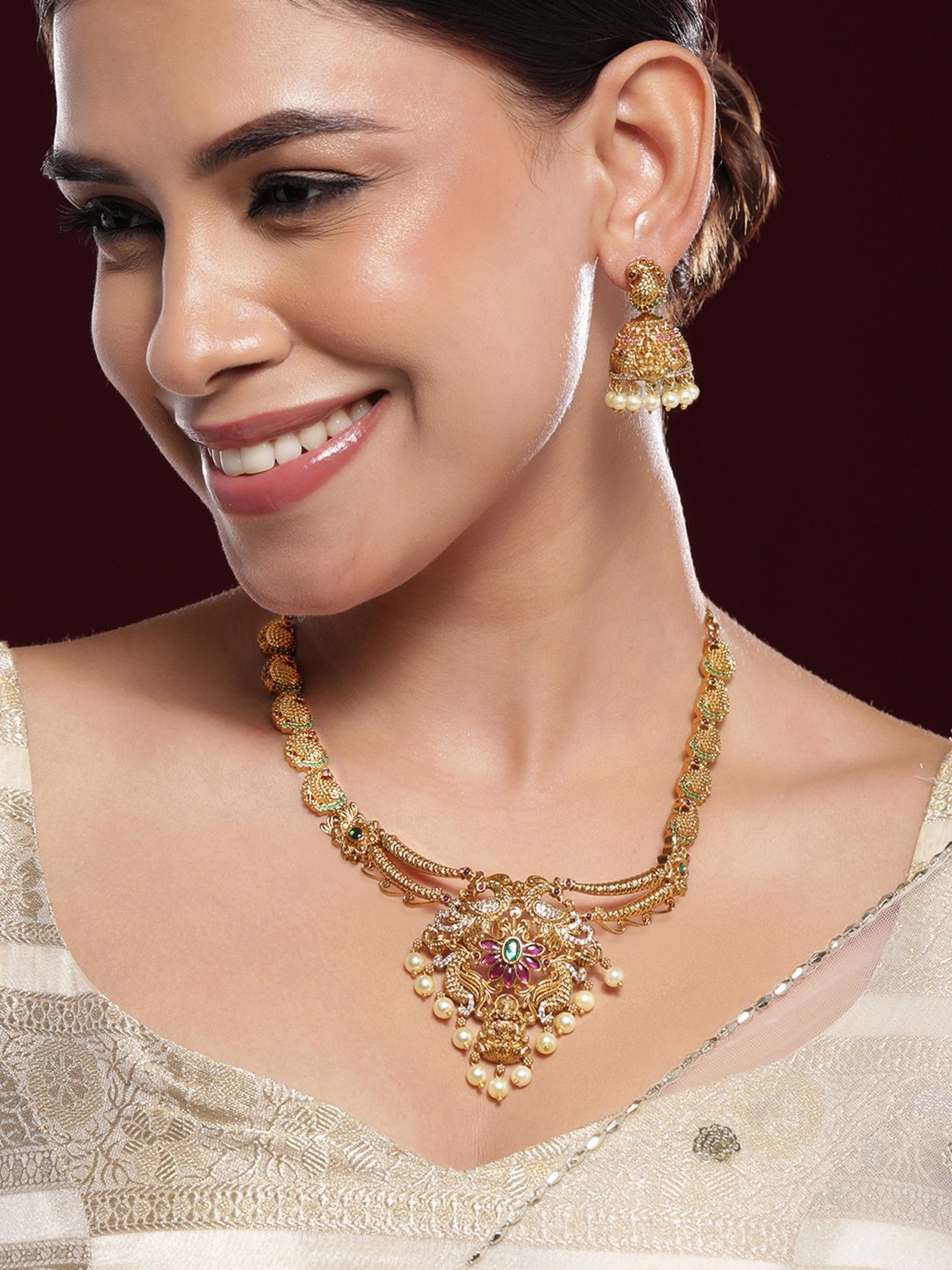 

Rubans 22K Gold-Plated Ruby Pink, Emerald & White CZ Statement Necklace with Pearl Drops