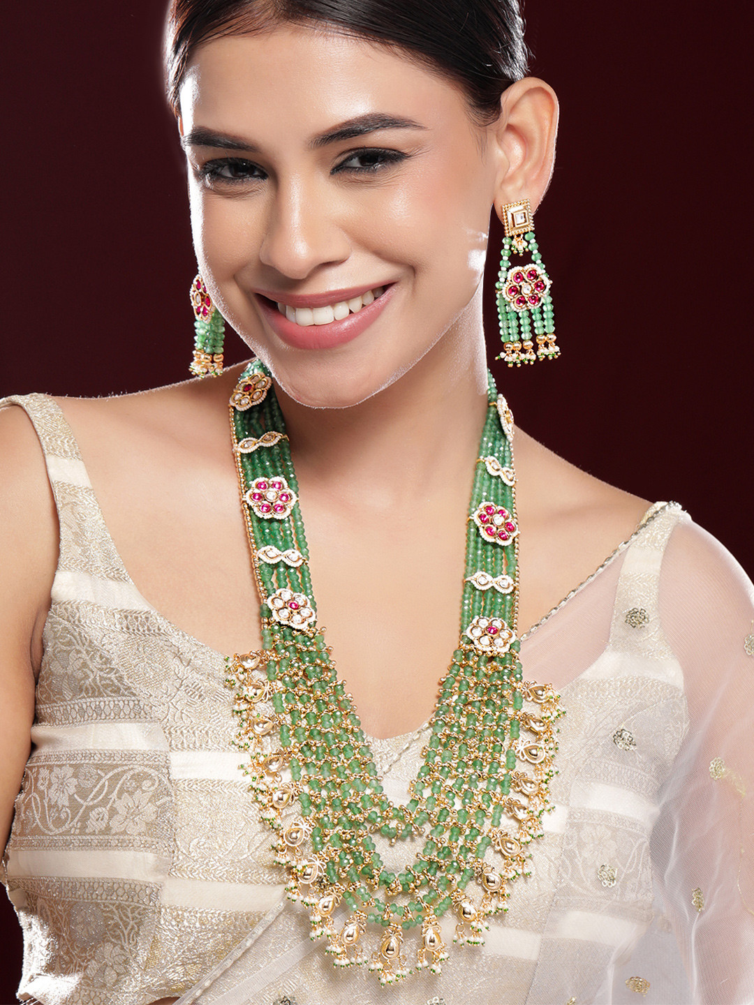 

Rubans 22K Gold-Plated Multi-Layer Green Beaded Necklace Set with Pink Stone Floral Motifs