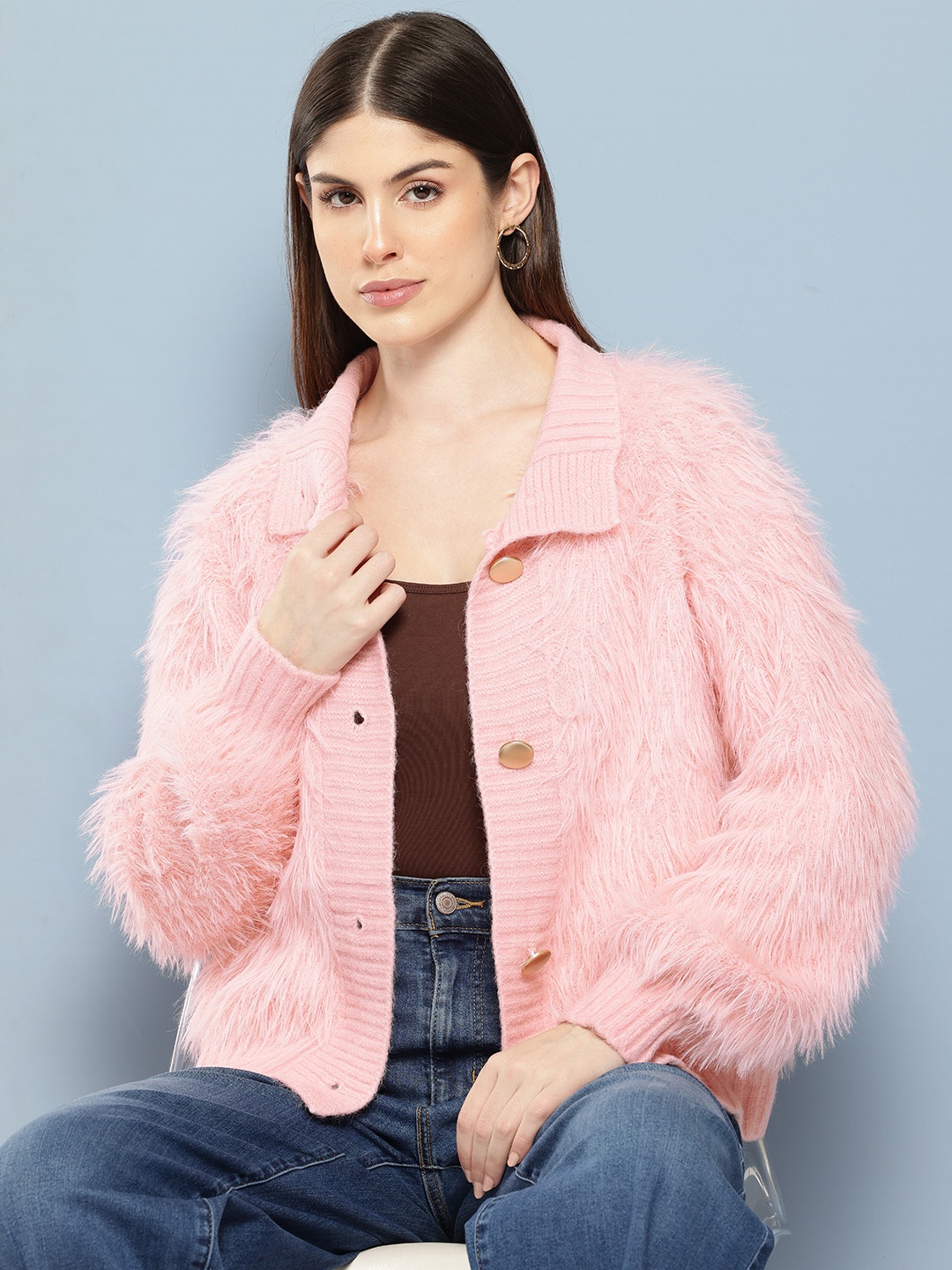 

Chemistry Boucle Woollen Cardigan with Fuzzy Detail, Pink