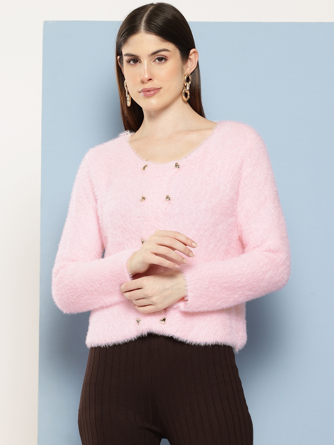 

Chemistry Boucle Woollen Cardigan with Fuzzy Detail, Pink