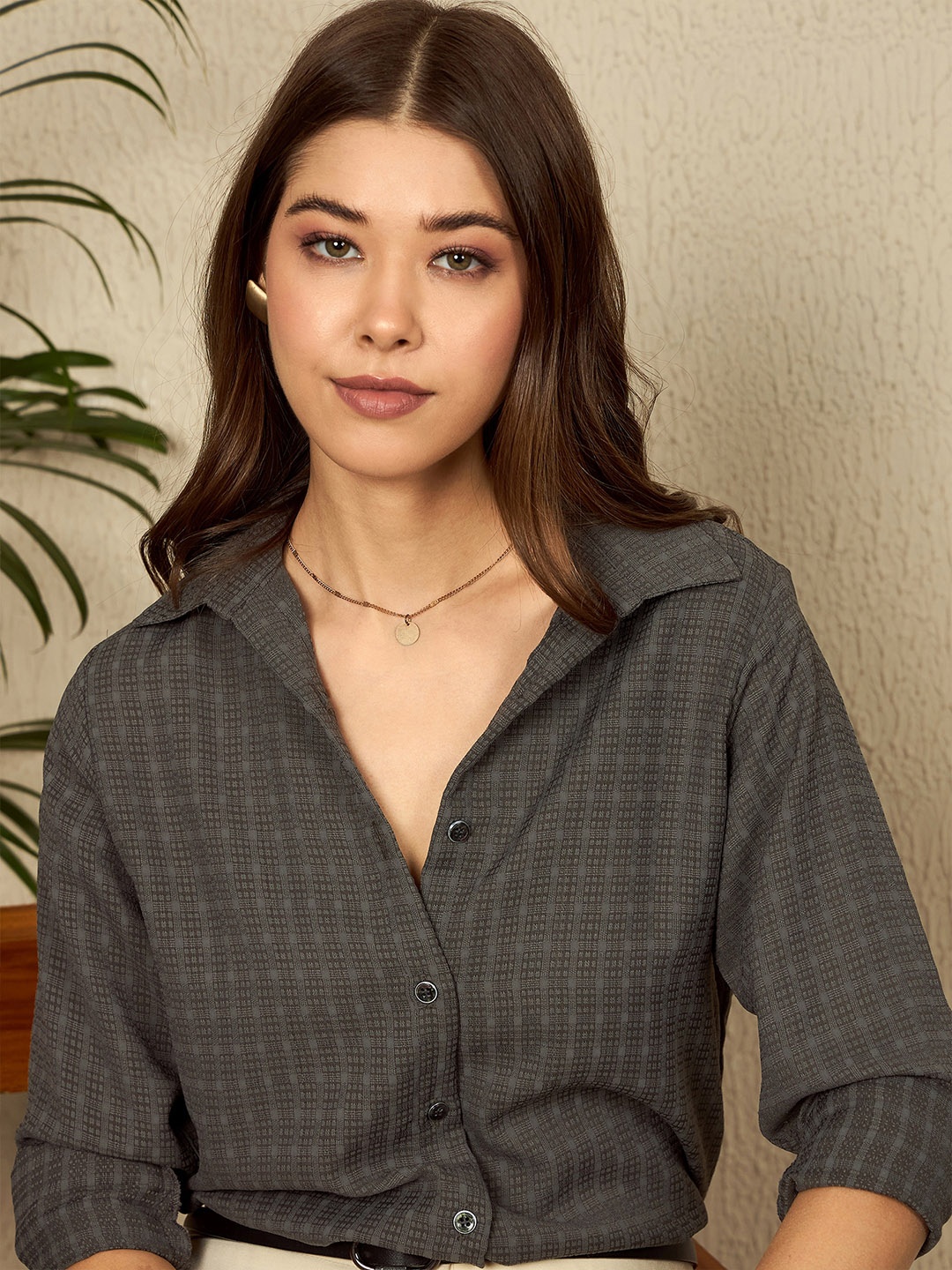 

The Roadster Lifestyle Co. Women Spread Collar Checked Satin Casual Shirt, Charcoal