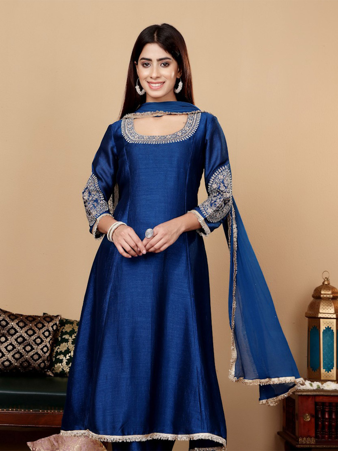 

Varanga Teal Blue Floral Embroidered Round Neck Anarkali Kurta With Trousers & Dupatta