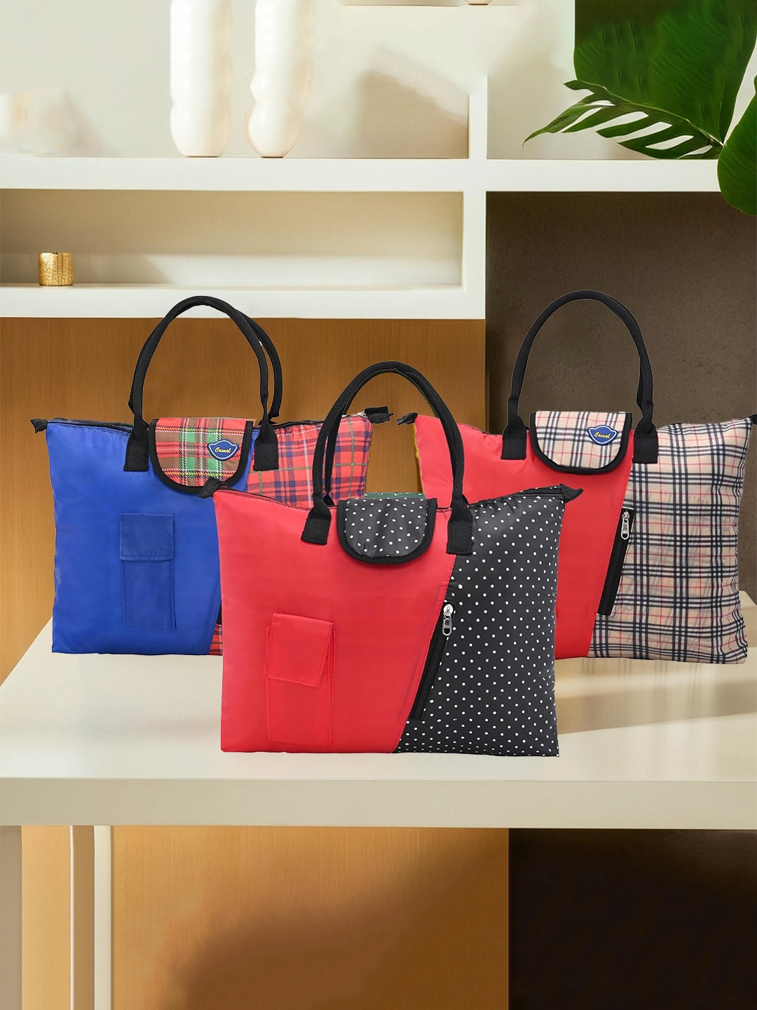 

Kuber Industries Unisex Set Of 3 Checked Structured Handheld Bags, Blue