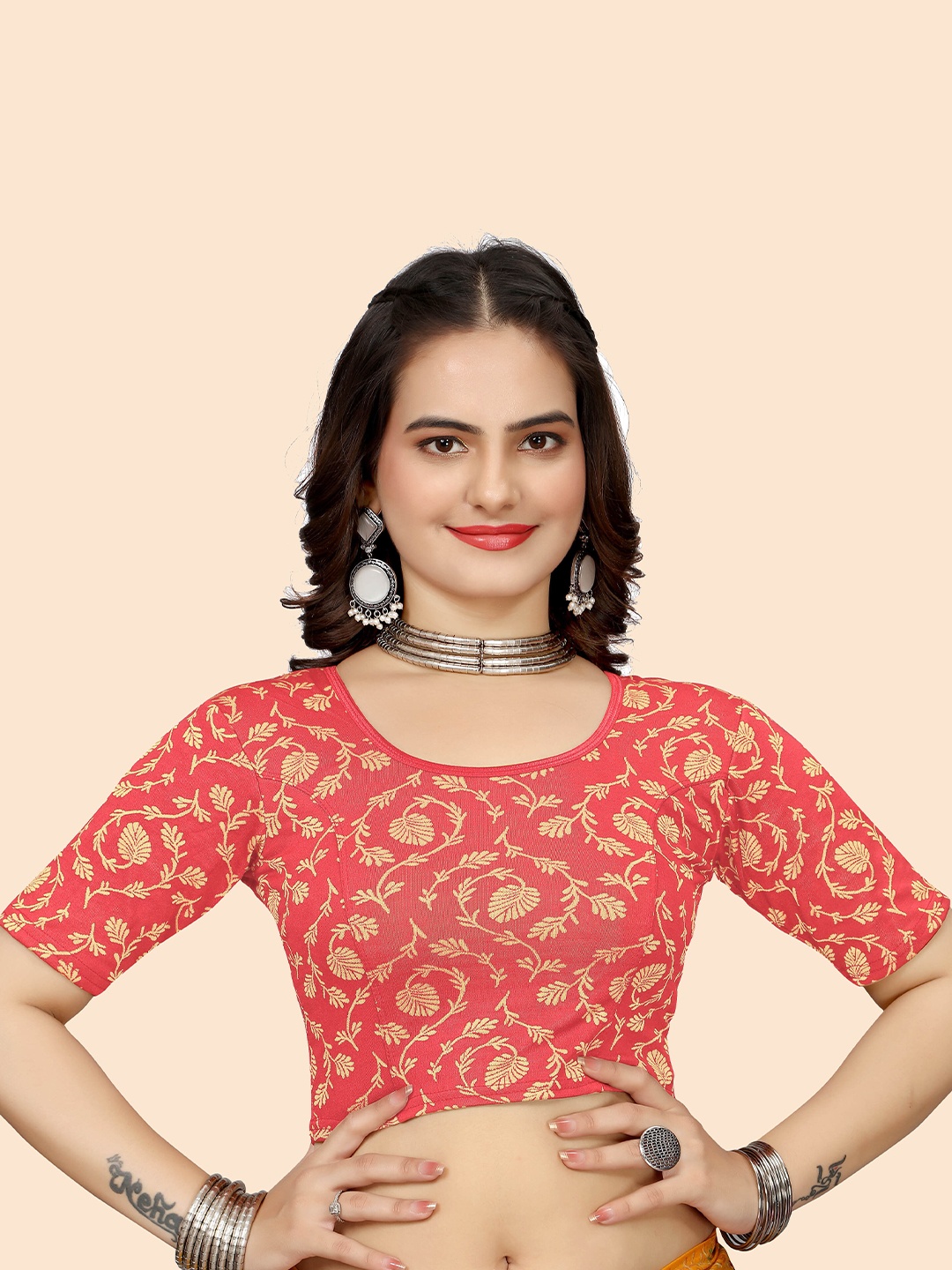 

SHREEJI DESIGNER Women Woven Design Ready Made Stretchable Blouse, Red