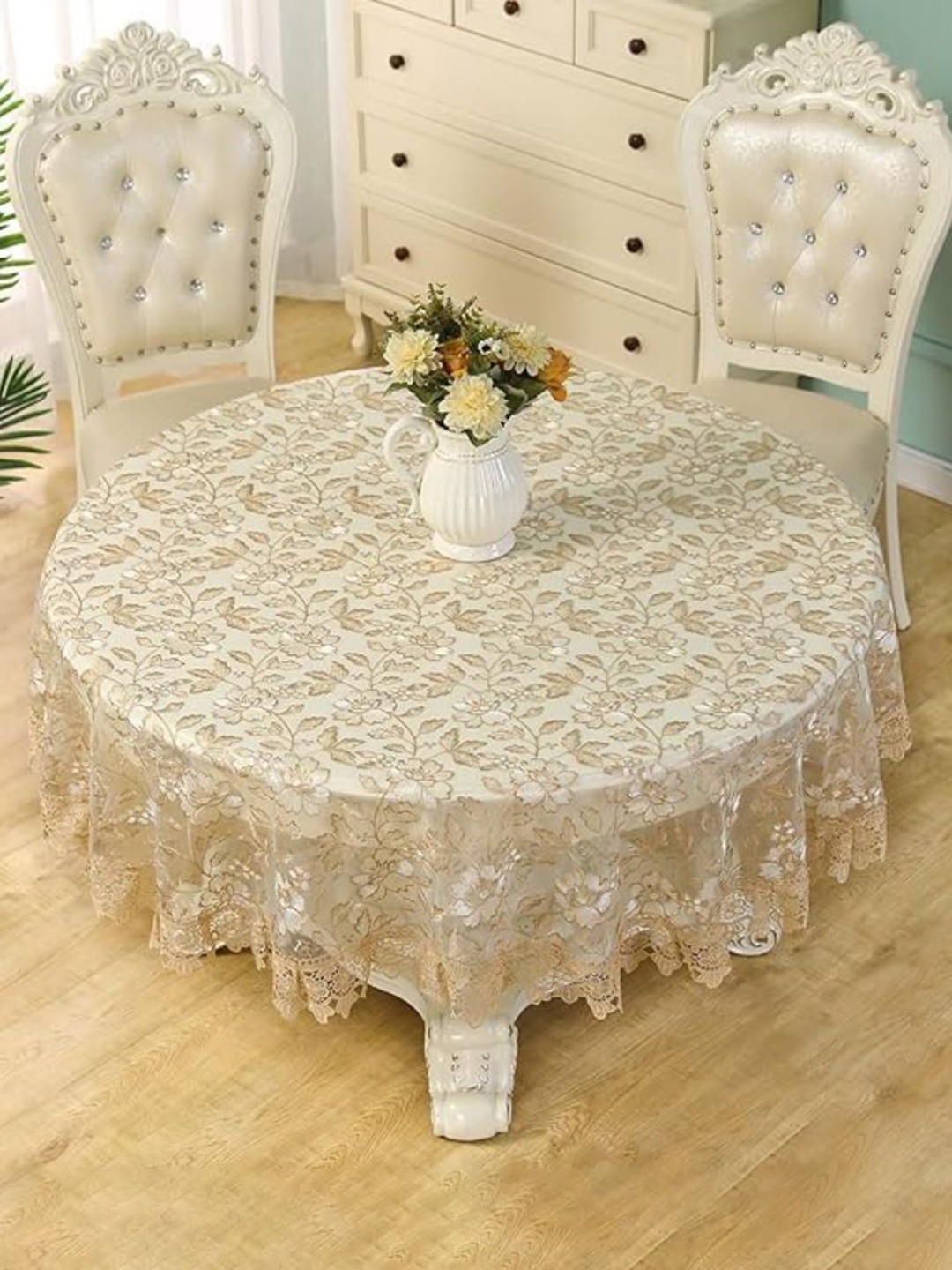 

TANLOOMS White Floral Round 4-Seater Table Cover with Embroidered details