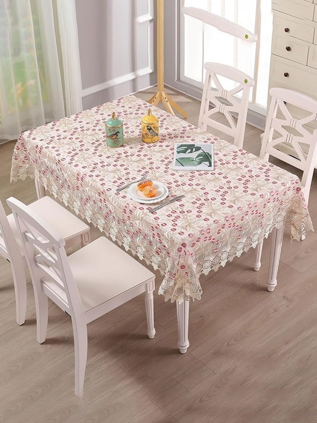 

TANLOOMS Pink Floral 2-Seater Table Cover with Embroidered details