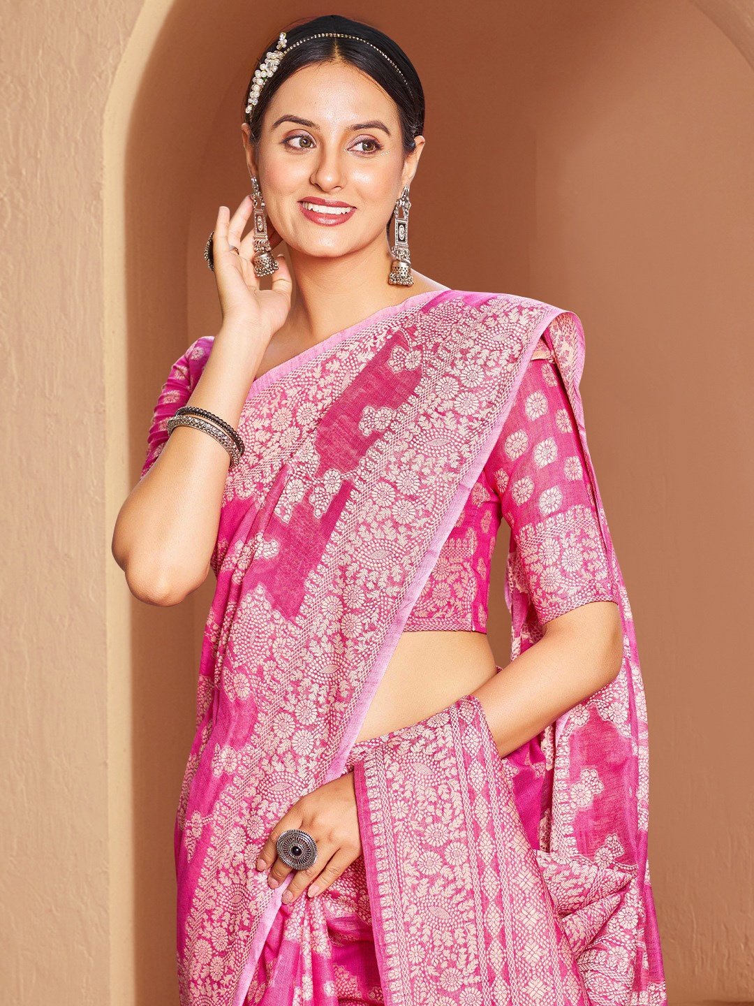 

House of Pataudi Muga Woven Design Cotton Linen Saree, Pink