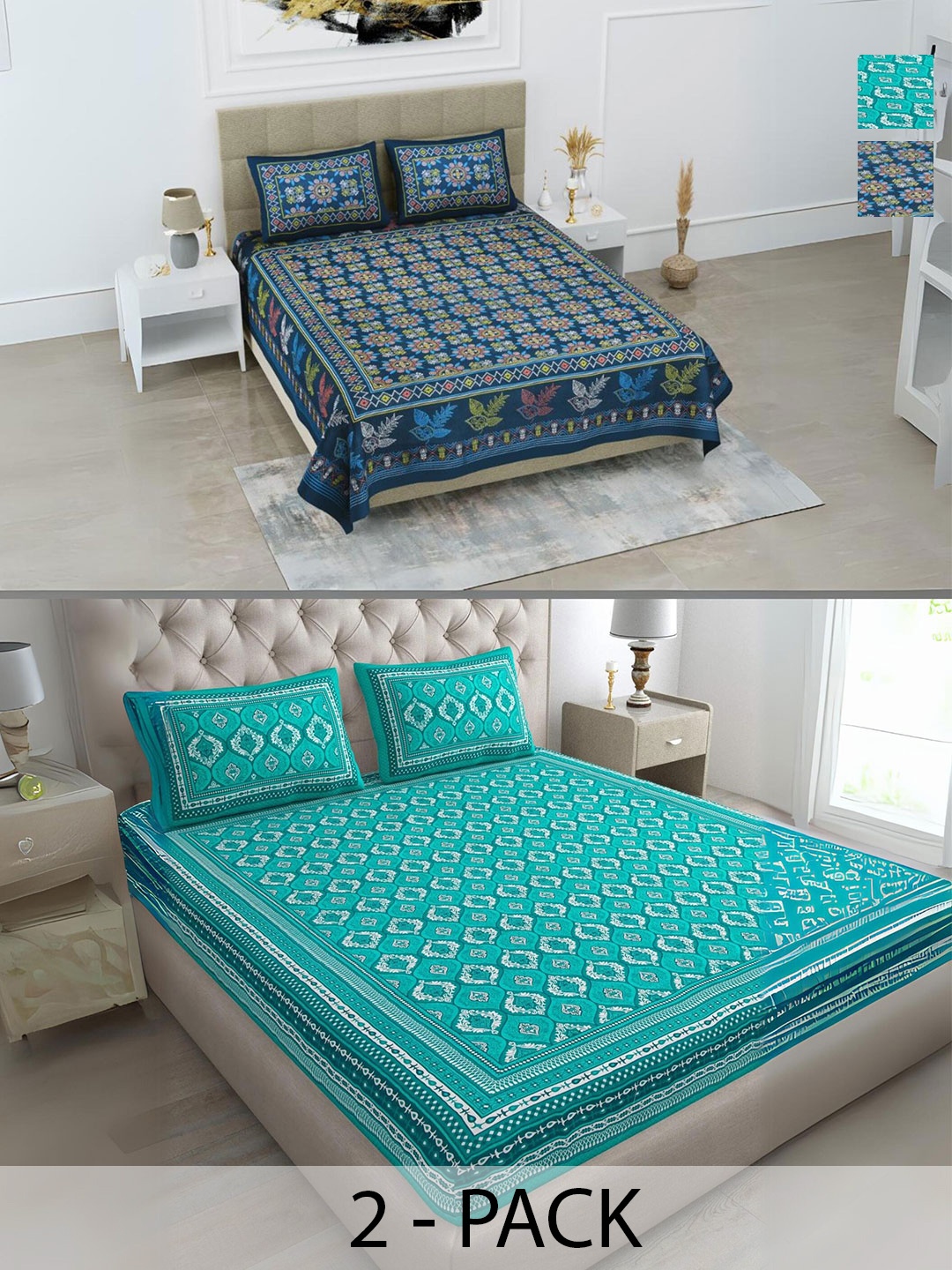 

LIVING ROOTS Meena Blue Floral Cotton 210 TC 2 Queen Bedsheet Set-2.18 m x 2.43 m