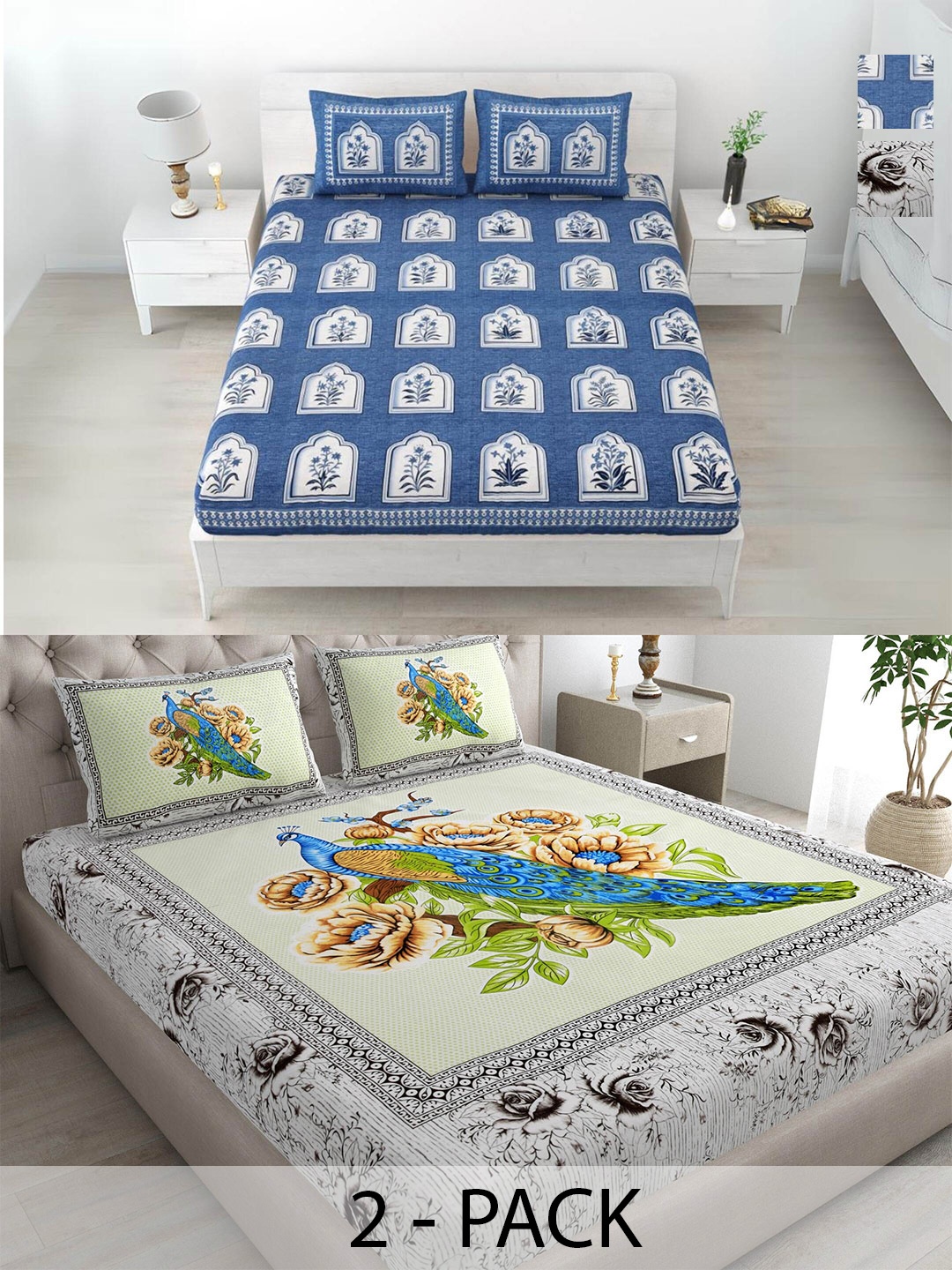 

LIVING ROOTS Meena Blue & White Floral Cotton 210 TC 2 Queen Bedsheet Set-2.18 m x 2.43 m