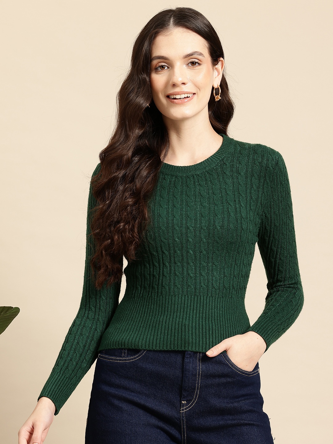 

Mast & Harbour Cable Knit Woollen Crop Pullover, Green