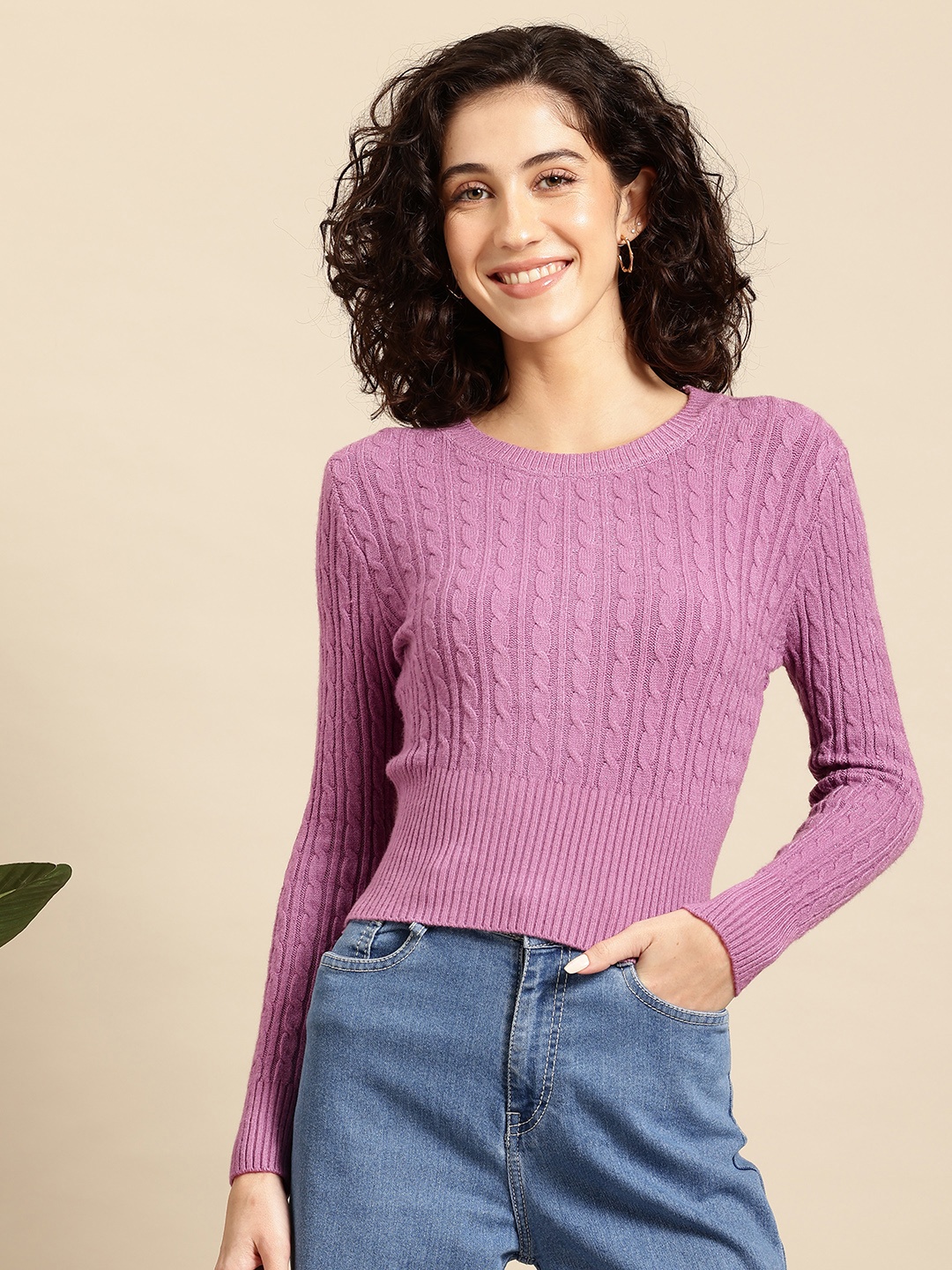 

Mast & Harbour Cable Knit Woollen Crop Pullover, Pink