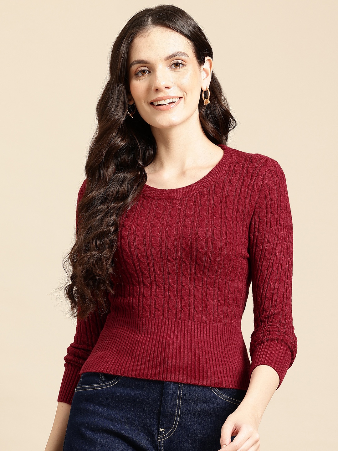 

Mast & Harbour Cable Knit Woollen Crop Pullover, Maroon