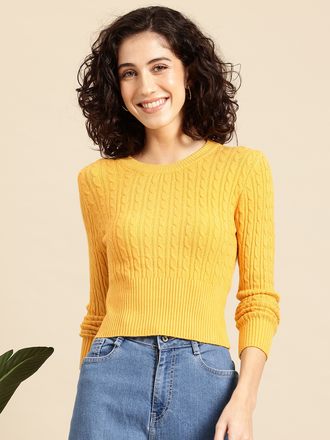 

Mast & Harbour Cable Knit Woollen Crop Pullover, Yellow