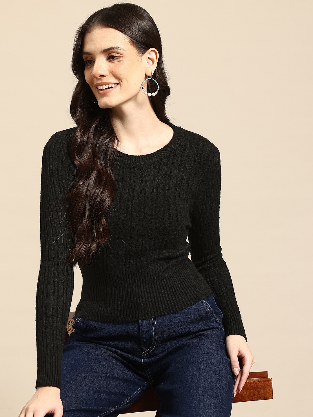 

Mast & Harbour Cable Knit Woollen Crop Pullover, Black