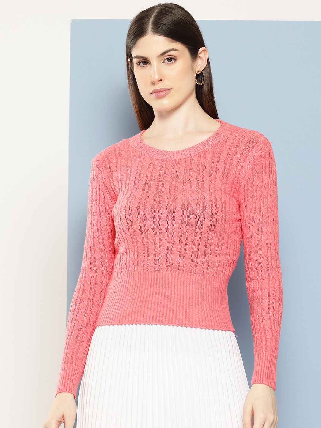 

Chemistry Cable Knit Woollen Crop Pullover, Pink
